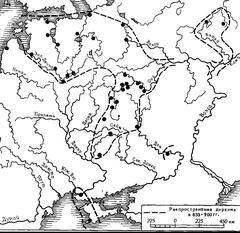 Карта кладов арабских монет в бассейне Волги 833-900 гг..