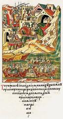 Древнерусская миниатюра. Нападение ушкуйников на Вятку, 1374 г.